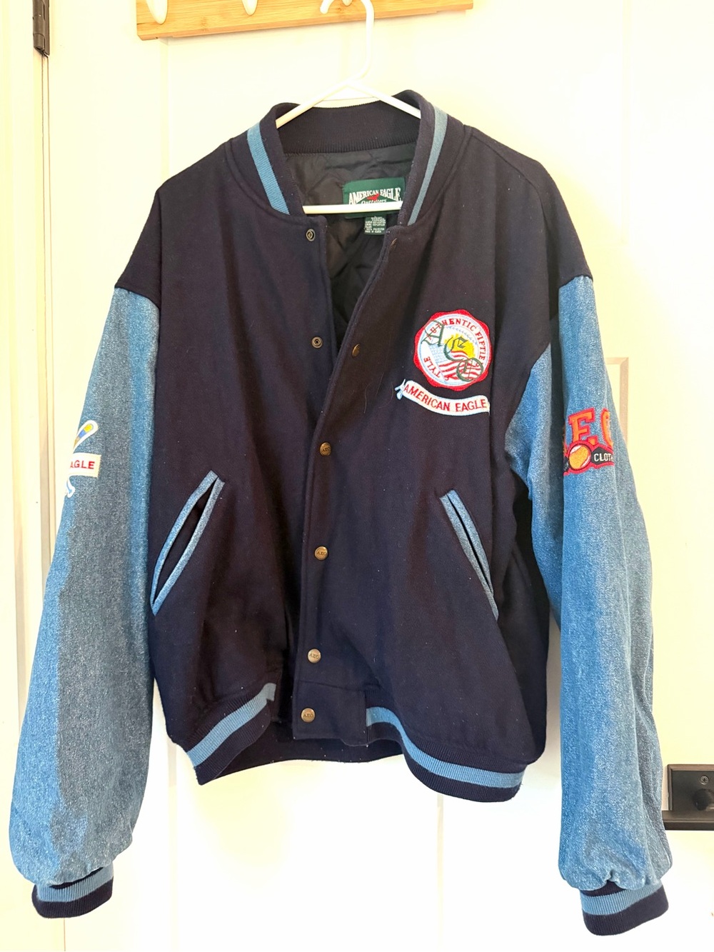 American Eagle Outfitters vintage L varsity  jacket light blue denim sleeves